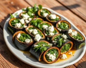 Aubergine rolletjes gevuld met spinazie en feta