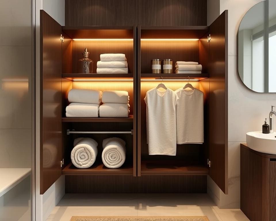 Badkamerkasten met verborgen handdoekhouders