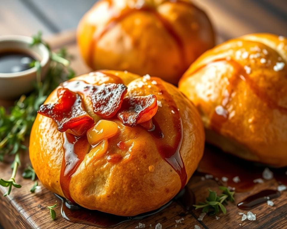 Briochebroodjes met gekarameliseerde uien en spek