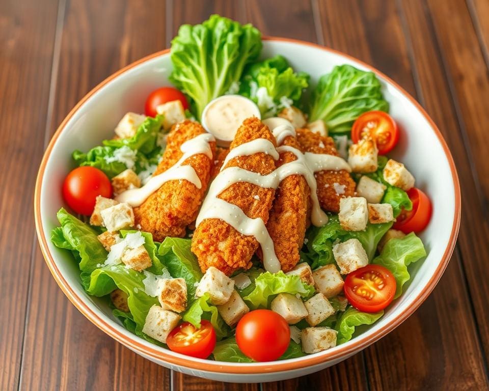 Caesar salad met krokante kip en dressing
