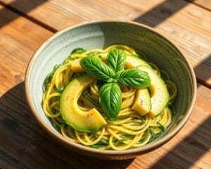 Courgette spaghetti met avocado en basilicum
