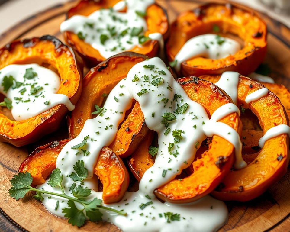 Geroosterde pompoen met een kruidenyoghurtsaus