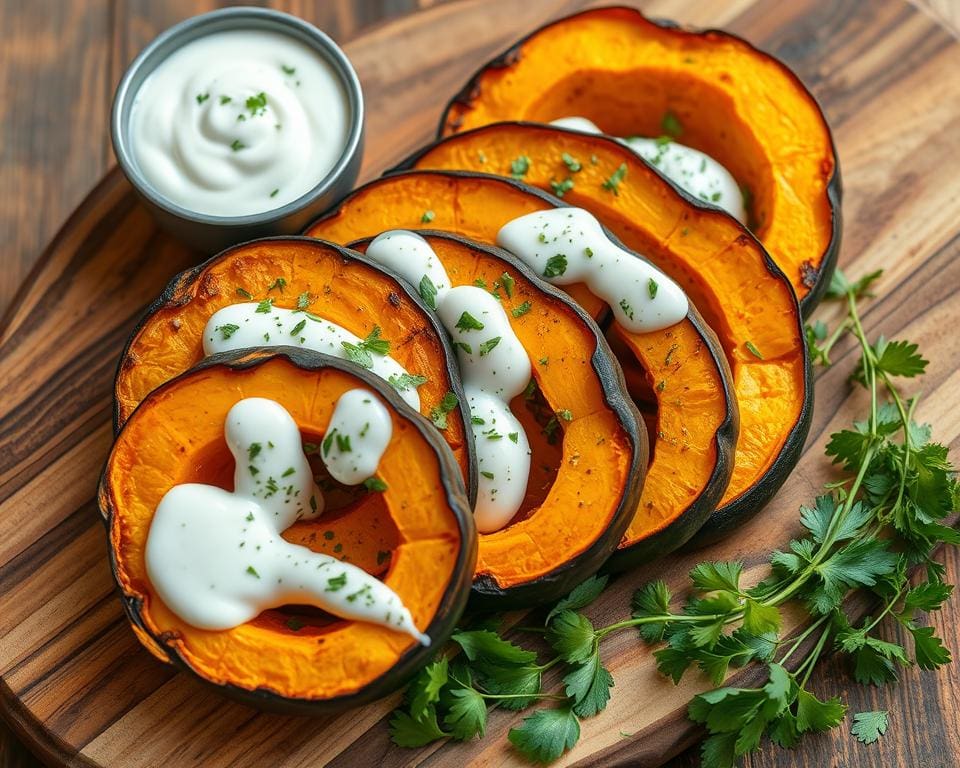 Geroosterde pompoen met kruidenyoghurtsaus