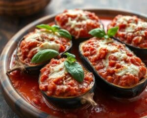 Gevulde aubergines met tomatensaus en Parmezaan