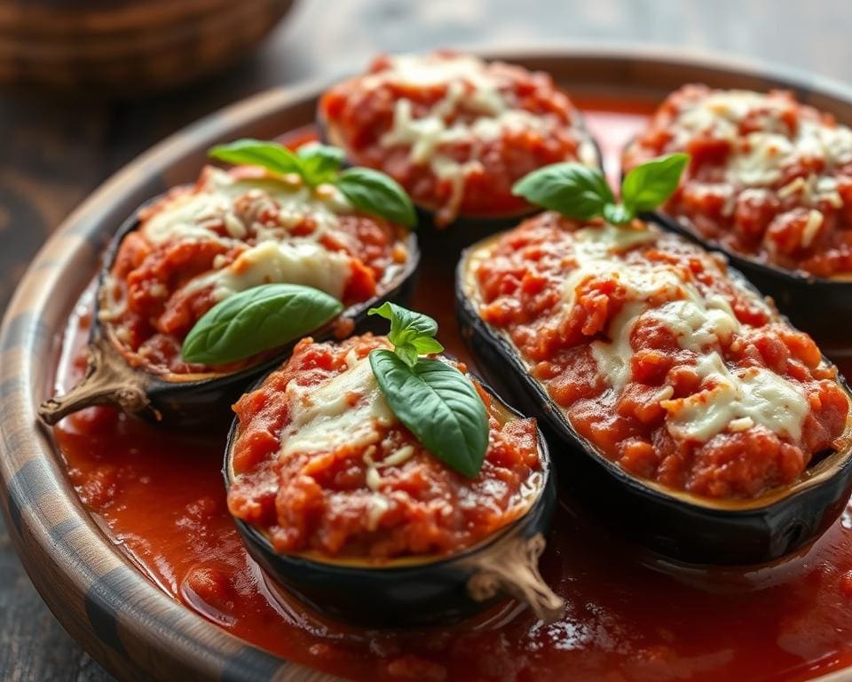 Gevulde aubergines met tomatensaus en Parmezaan