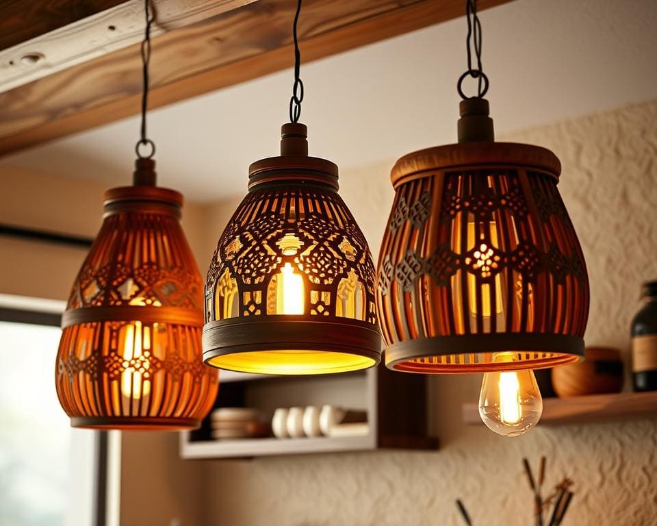 Hanglampen met een decoratieve houten afwerking