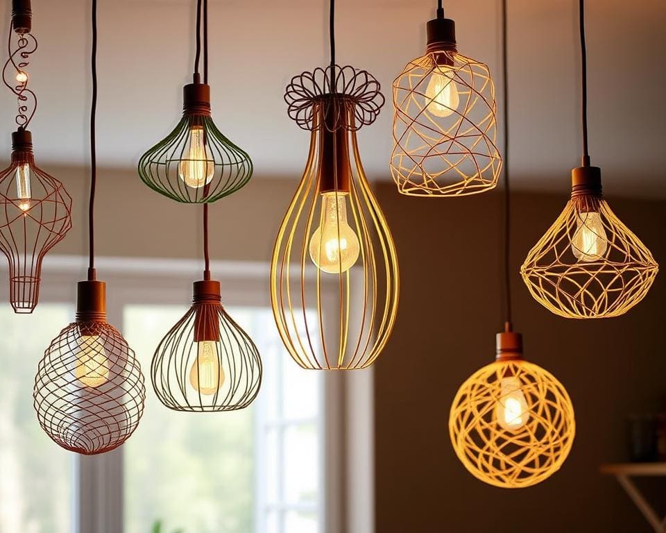 Hanglampen met een speelse draadconstructie