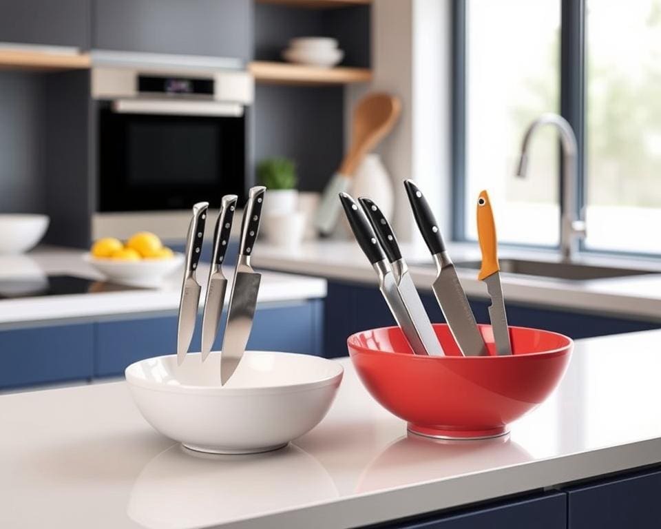 Keukenschalen met een magnetische bevestiging voor messen
