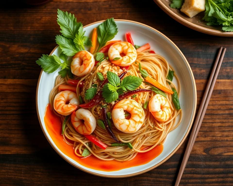 Pad Thai met garnalen en een pittige saus