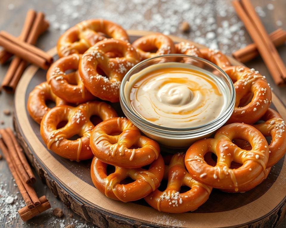 Pretzels met een zoete kaneeldip