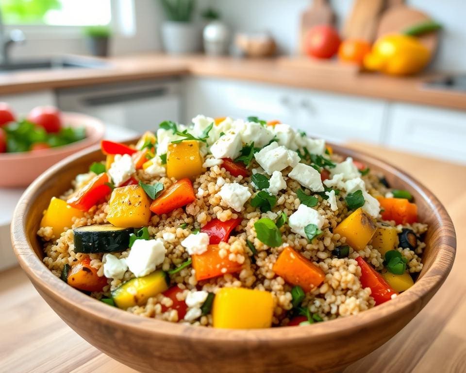 Quinoa bowl met geroosterde groenten en feta