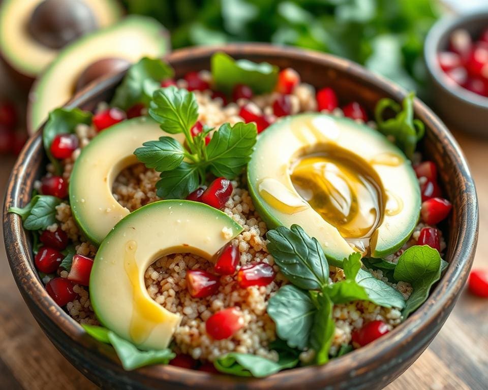 Quinoa salade met avocado en granaatappelpitten