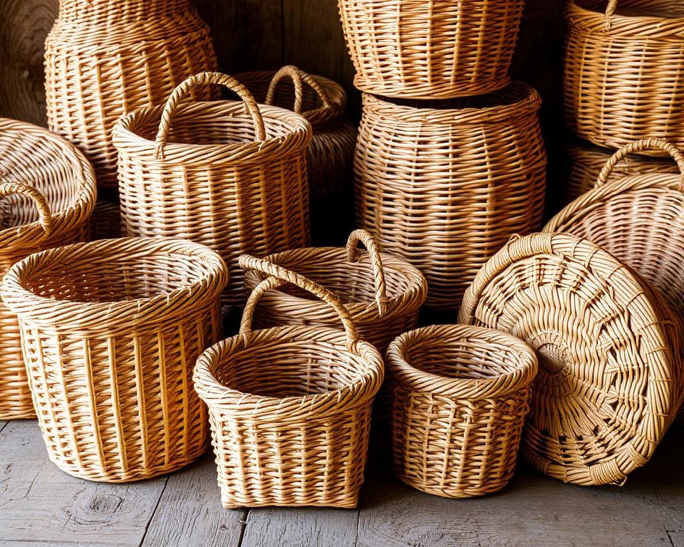 Rieten manden met een decoratief gevlochten patroon