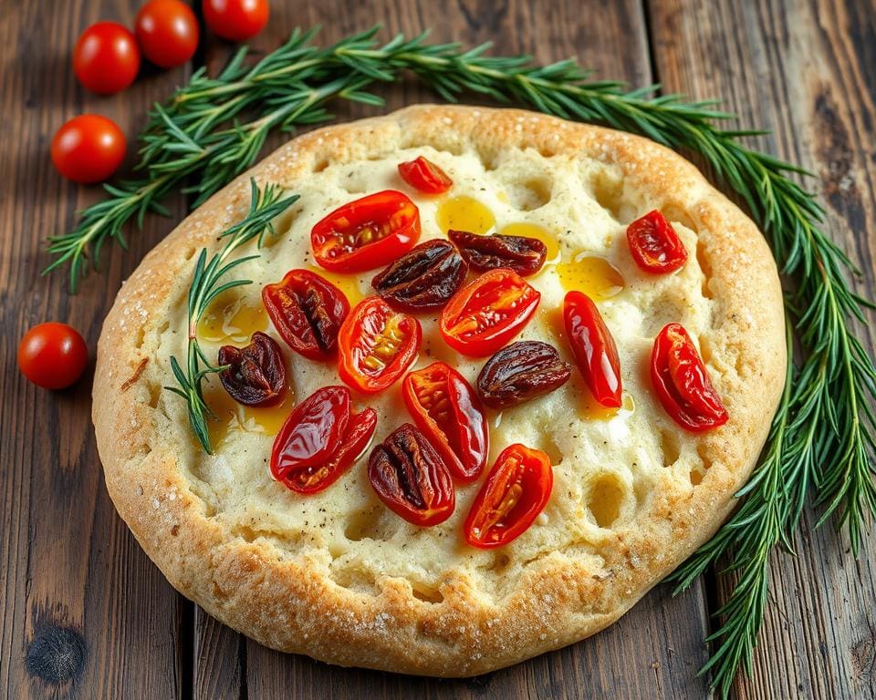Rozemarijn focaccia met zongedroogde tomaten