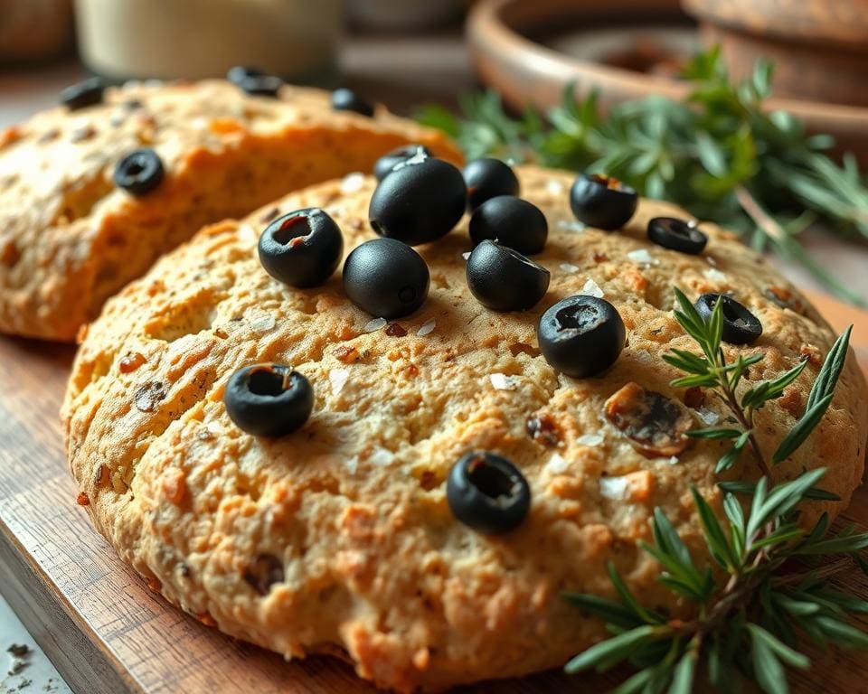 Volkoren focaccia met olijven en zeezout