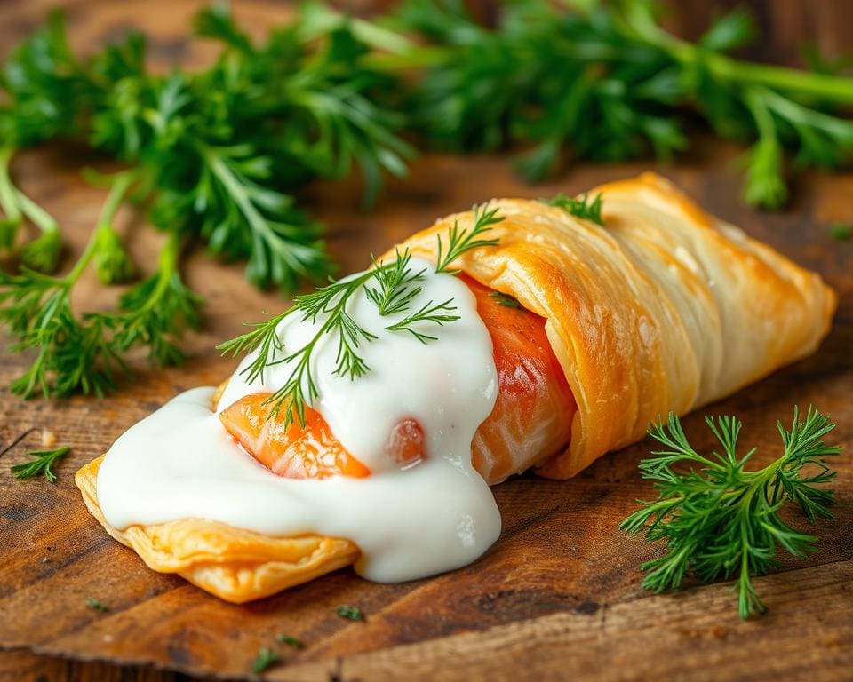 Zalm in bladerdeeg met dille-roomsaus