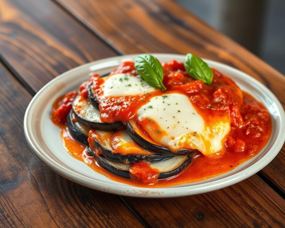 Aubergine parmigiana met mozzarella en tomaat