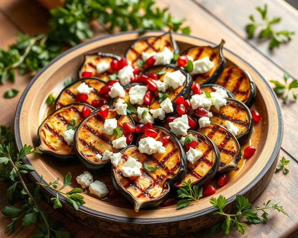Gegrilde aubergines met feta en granaatappel