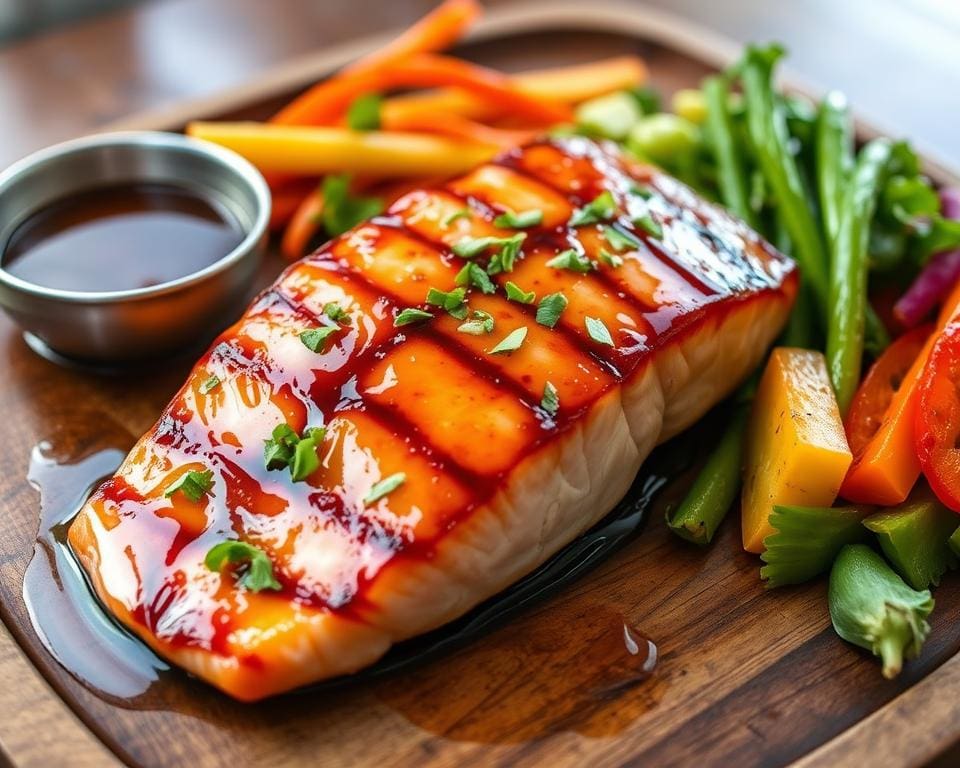 Gegrilde zalm met een honing-sojasaus