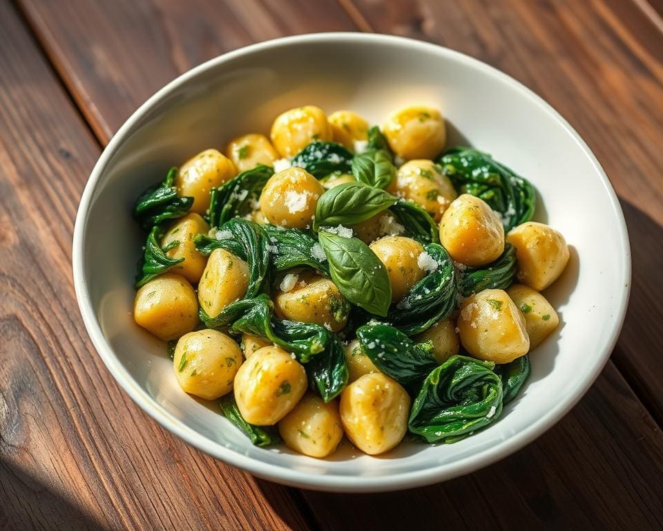 Gnocchi met spinazie in een romige pestosaus