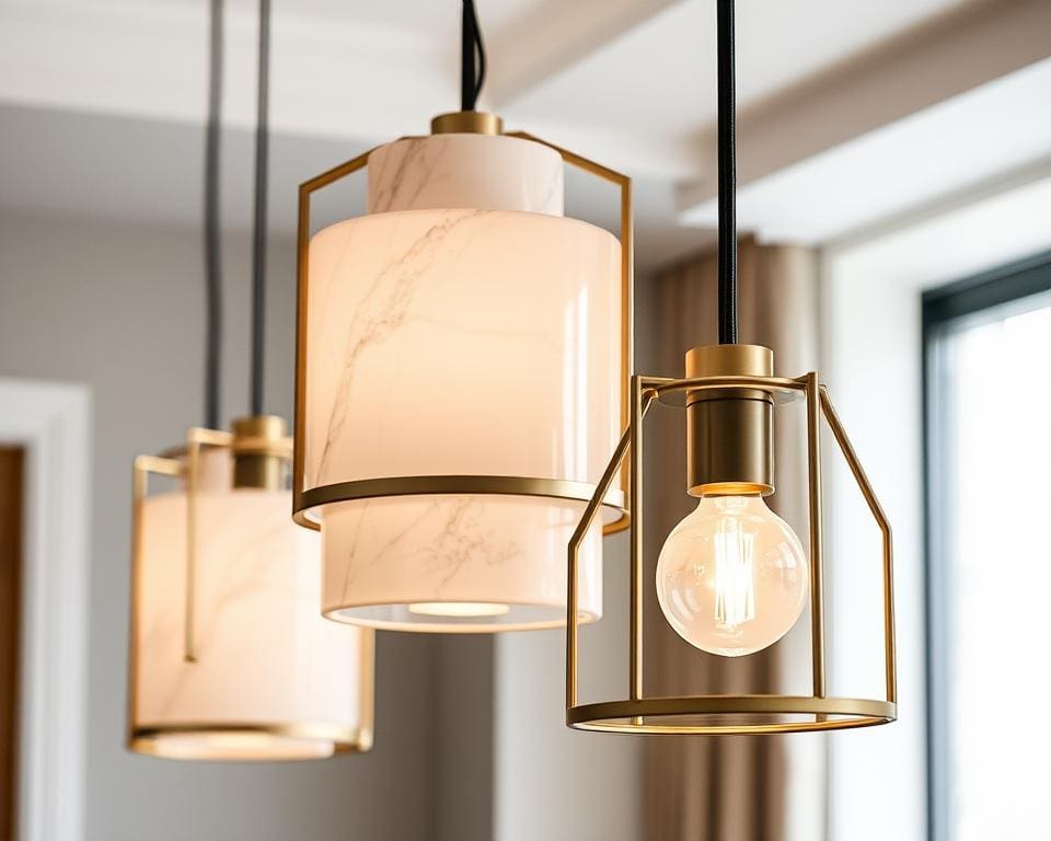 Hanglampen met een marmerlook en metalen frame