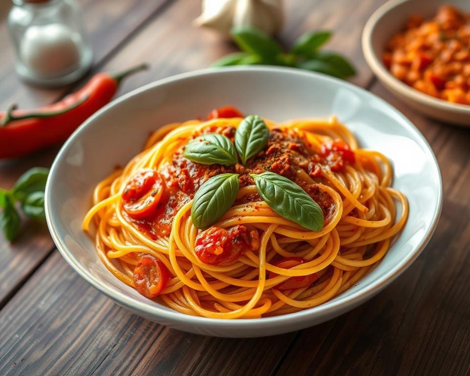 Spaghetti met een pittige tomaten-knoflooksaus