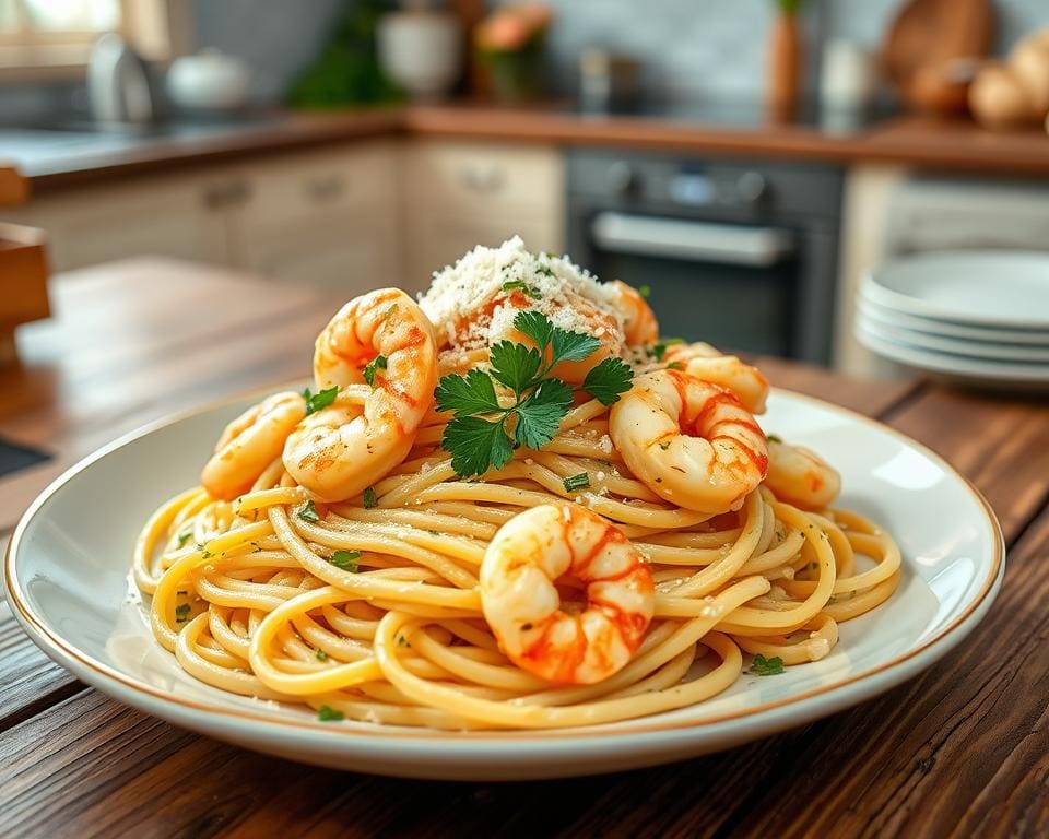 Spaghetti met garnalen en een romige knoflooksaus