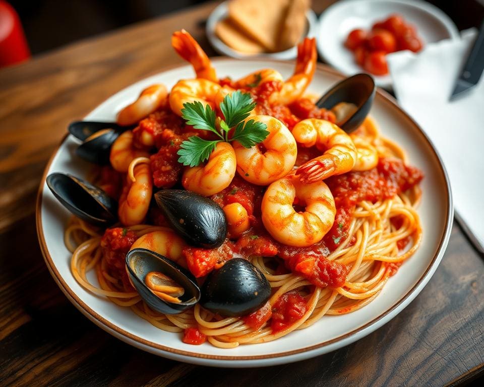 Spaghetti met zeevruchten in een pittige tomatensaus