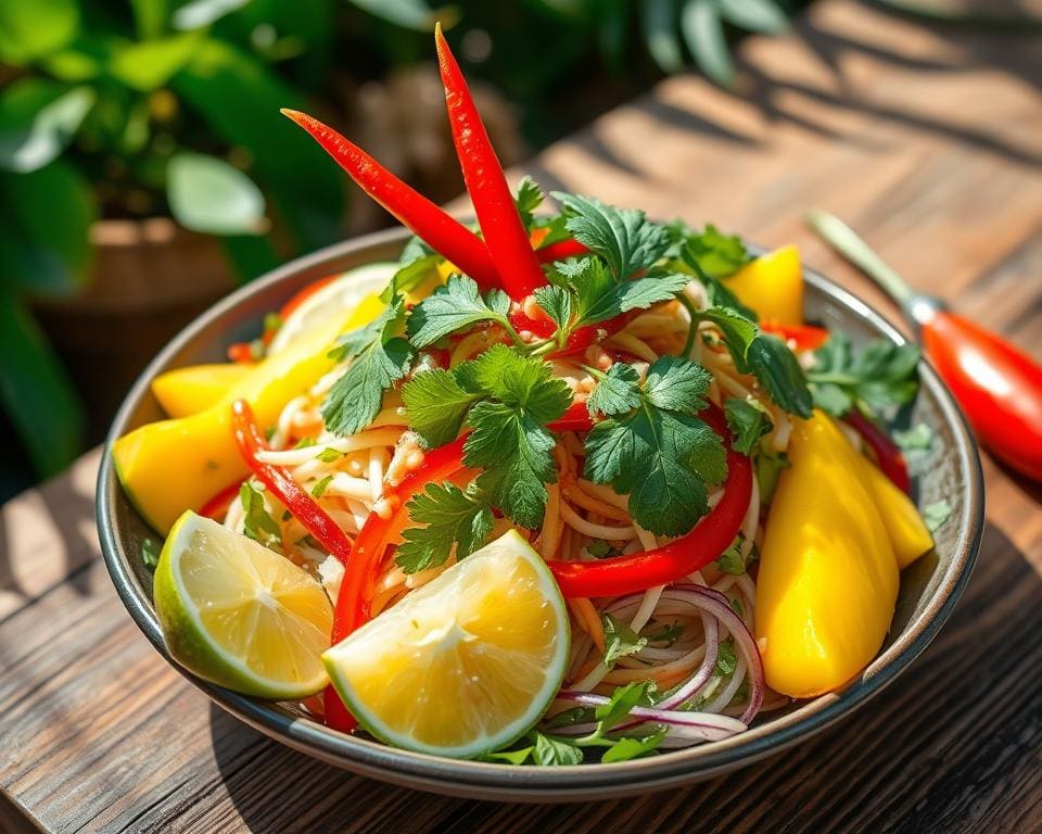 Thaise salade met limoen, mango en chili