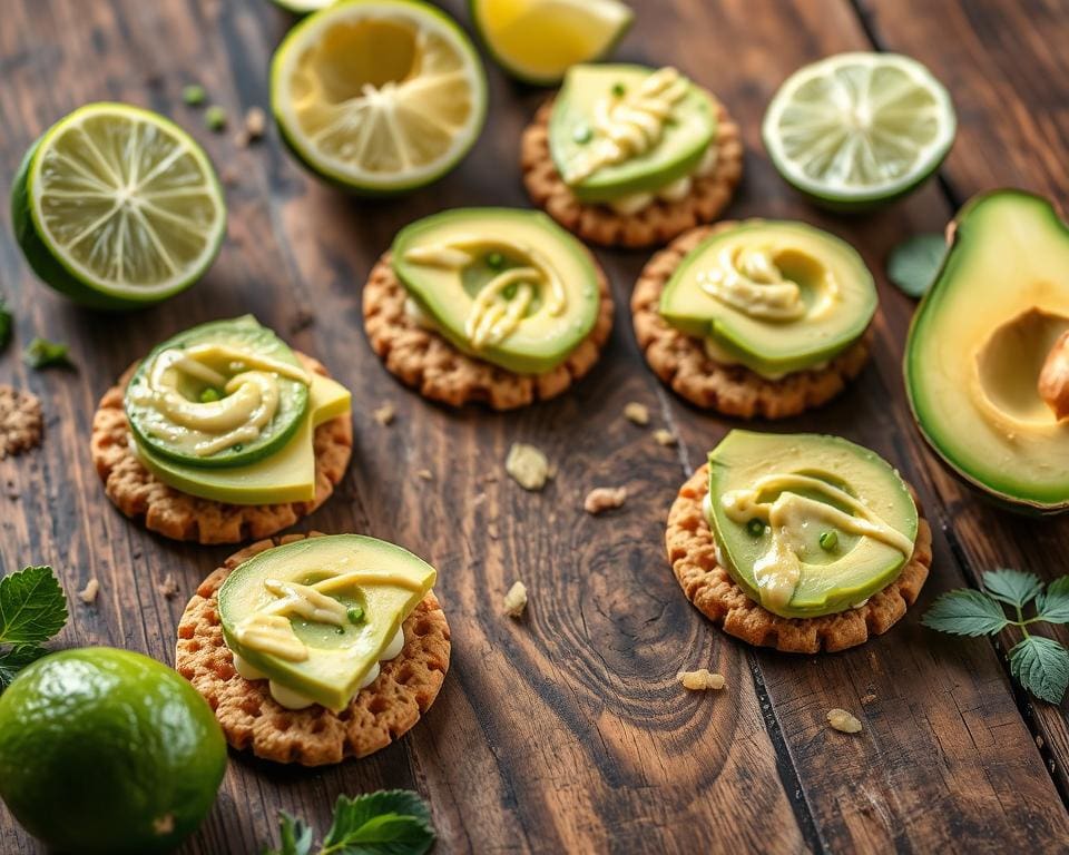 Volkoren crackers met avocado en een limoendressing