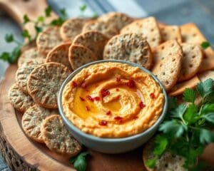 Volkoren crackers met een pittige hummusdip