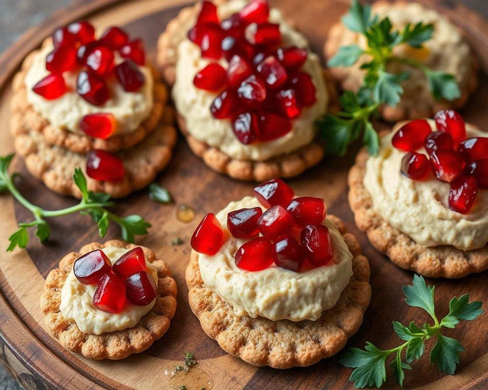 Volkoren crackers met hummus en granaatappelpitten