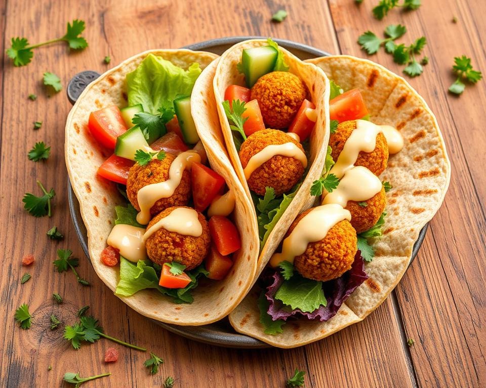 Volkoren wraps met falafel en een frisse tahinsaus