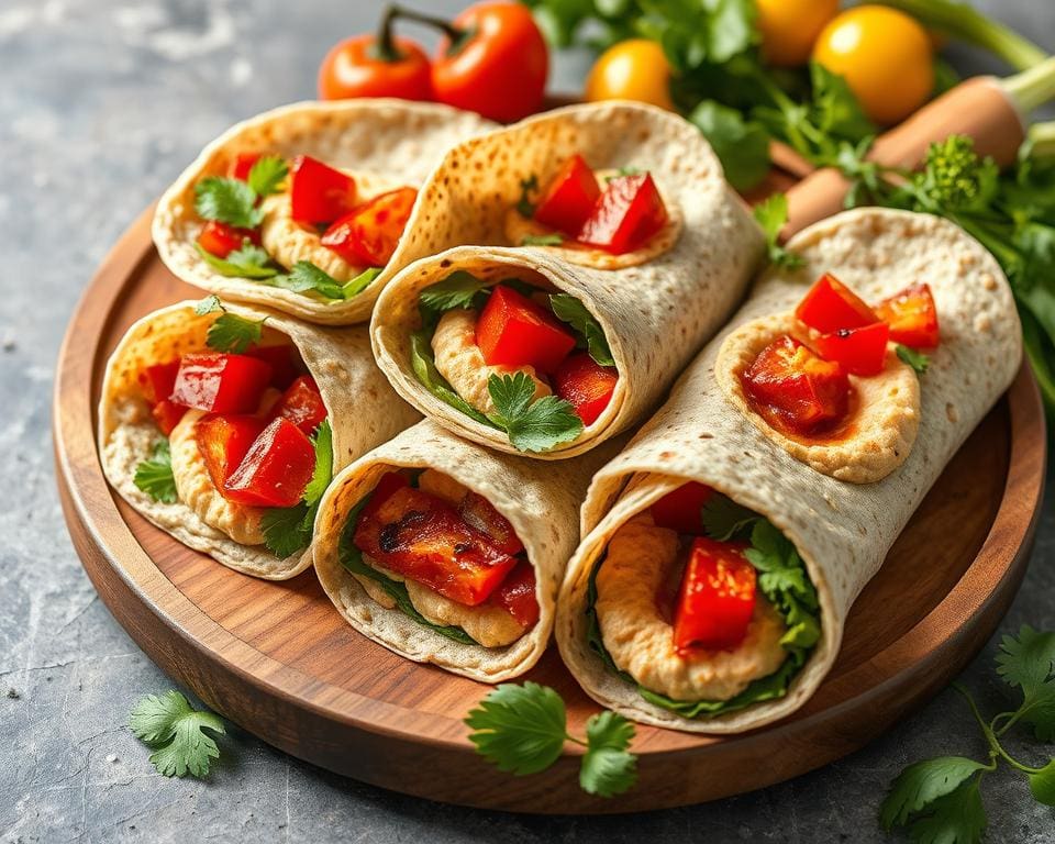 Volkoren wraps met geroosterde paprika en hummus