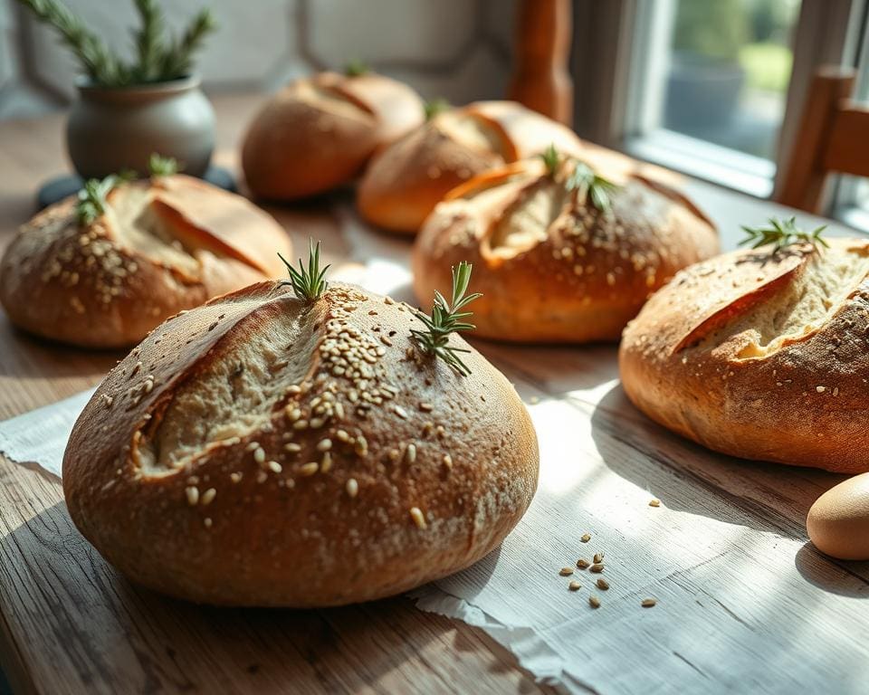 Volkoren zuurdesembroodjes met rozemarijn en zaden