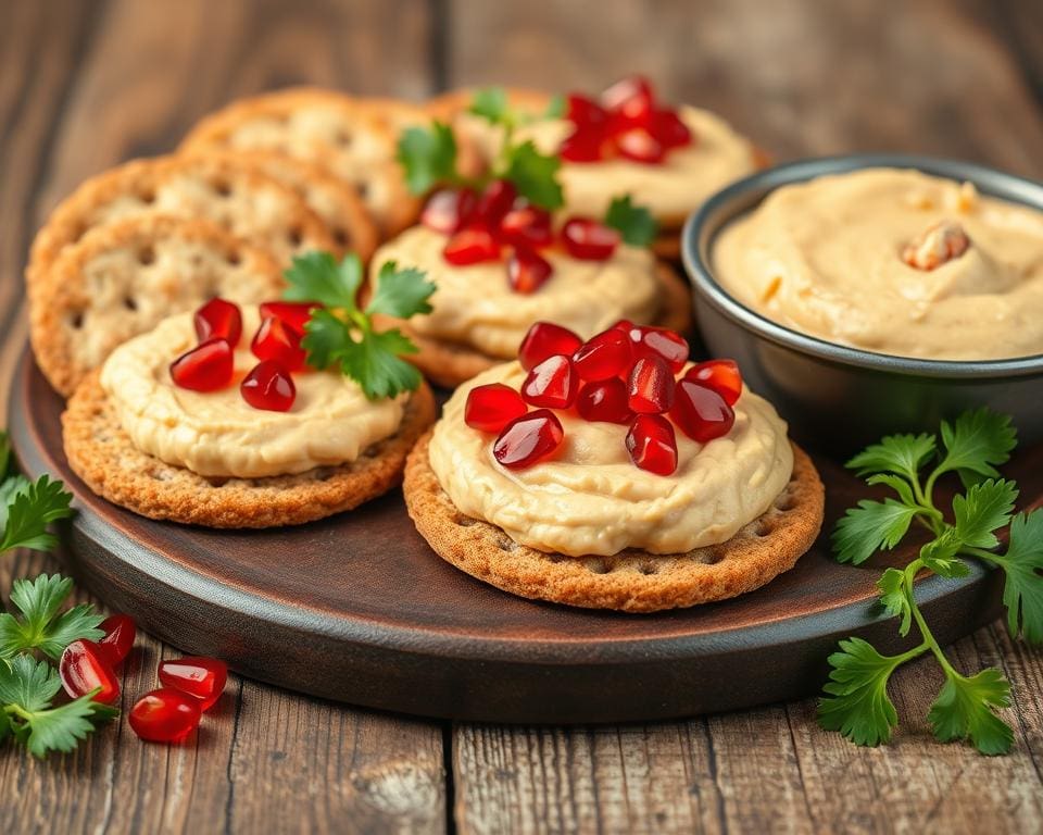 vegetarische snacks met hummus en granaatappelpitten