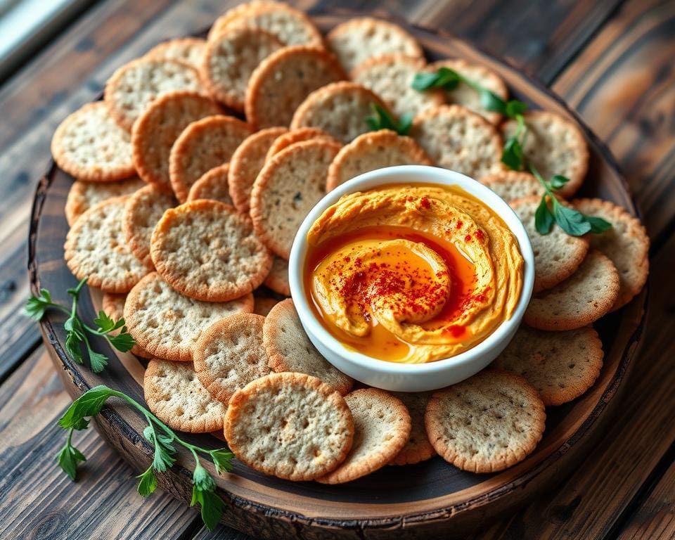 volkoren crackers met een pittige hummusdip