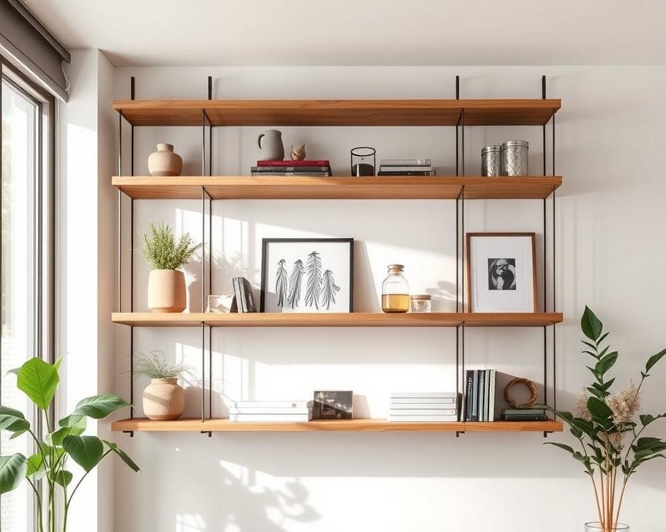 Hangende opbergplanken met houten afwerking voor stijl