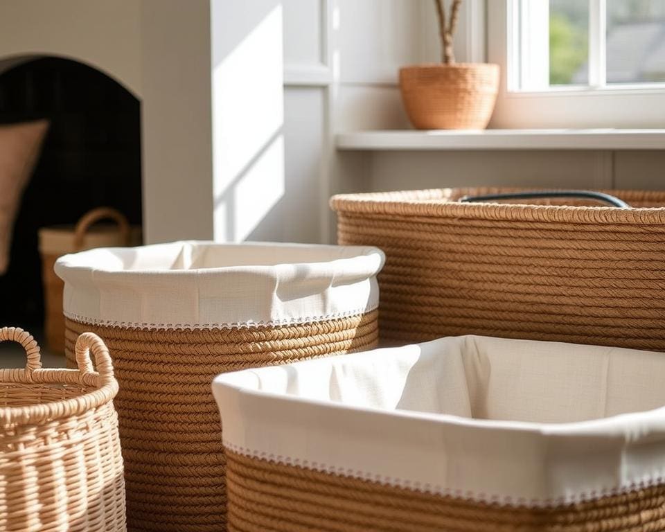 Rieten opbergmanden met stoffen voering voor opslag