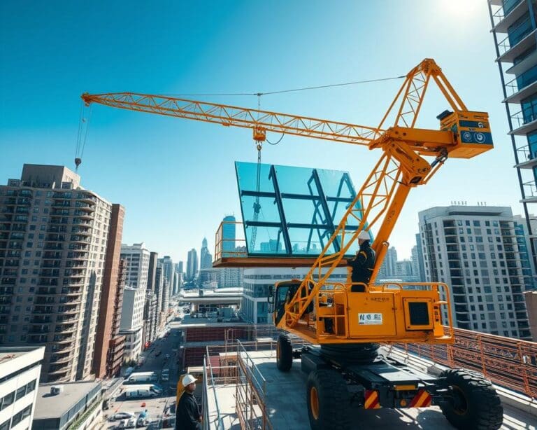 Compactkraan huren voor glas en staal plaatsen op moeilijk bereikbare plekken