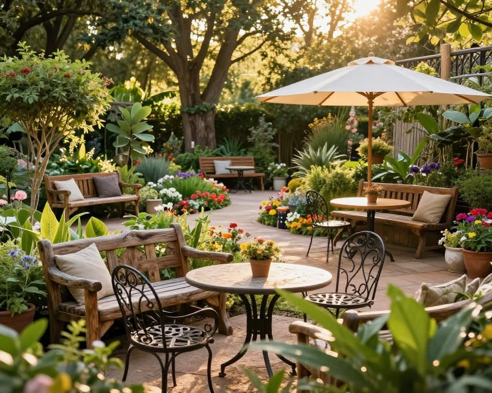 tuin met meerdere zithoeken